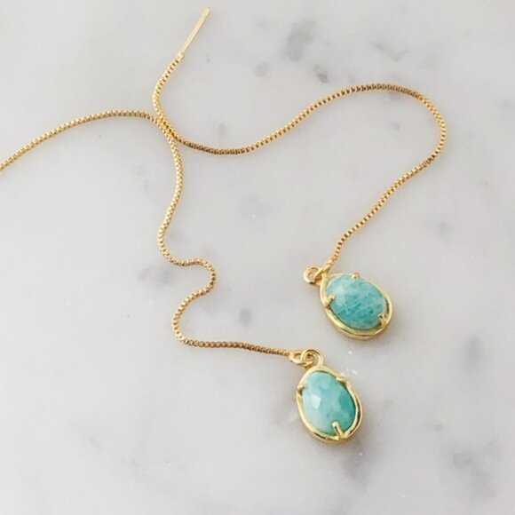 Gold Plated Green Amazonite Egg Shape Threader Earrings - Picture 1 of 7
